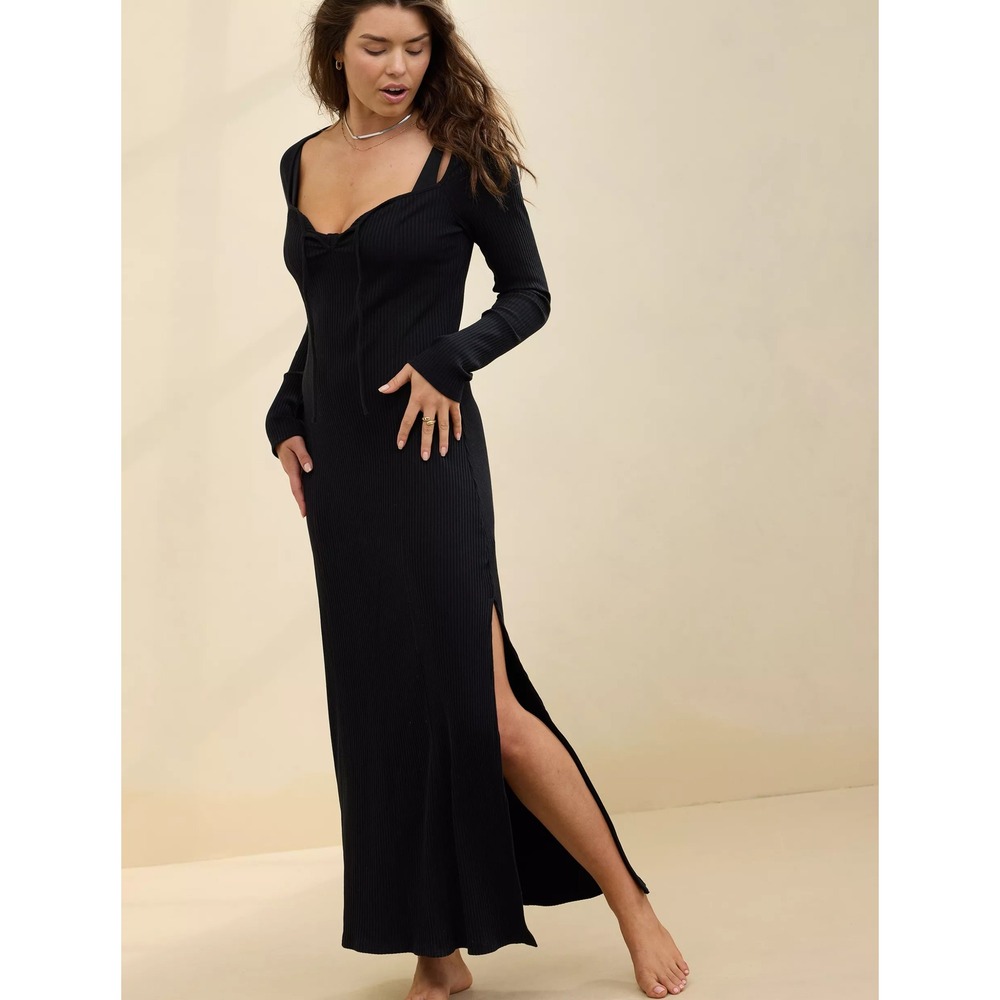 Aerie women L black long sleeve ribbed knit tie front maxi dress witchy goth